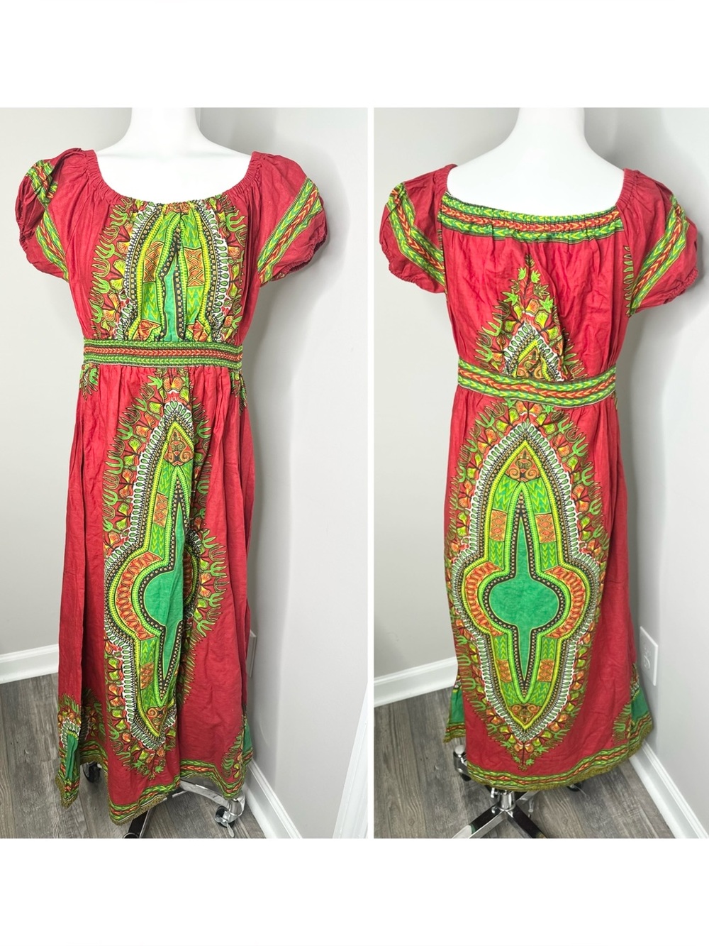 Red & Green Ethnic Maxi Dress with Bold Print - M
